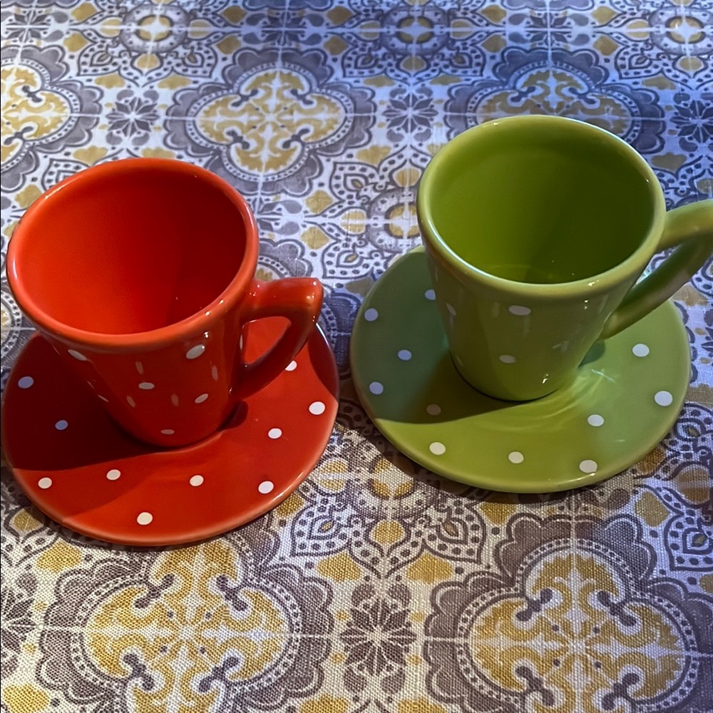 Polka Dot Ceramic Espresso Cup and Saucer Set - Orange and Green